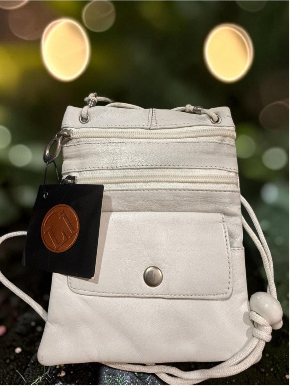 NWT Genuine Leather White Multi-Zip Neck Wallet Travel Organizer Crossbody Pouch